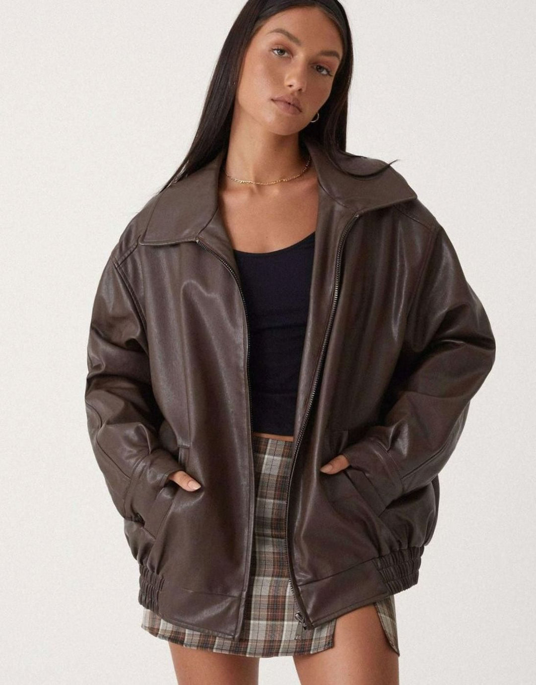 Women's Oversized Faux Leather Bomber Jacket Zip-Up - Brown