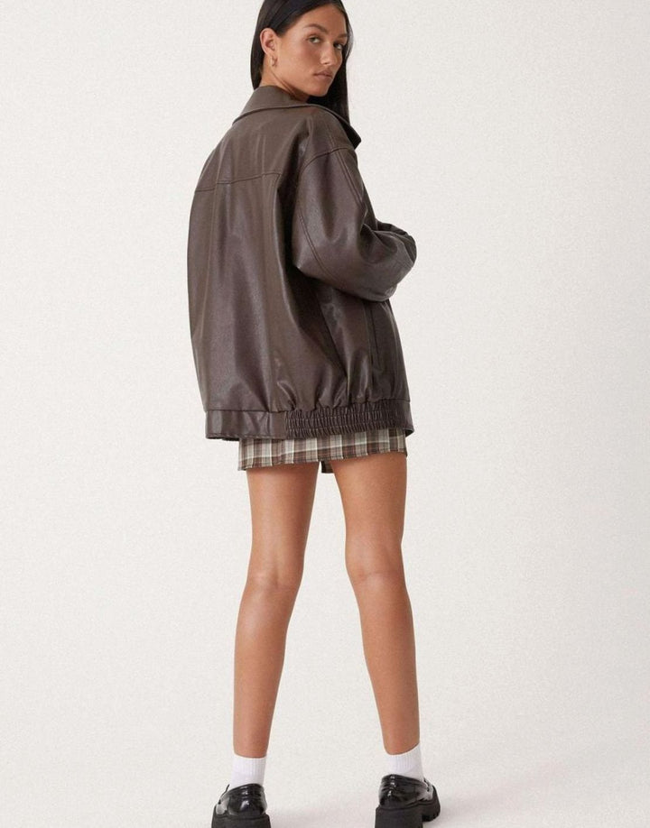Women's Oversized Faux Leather Bomber Jacket Zip-Up