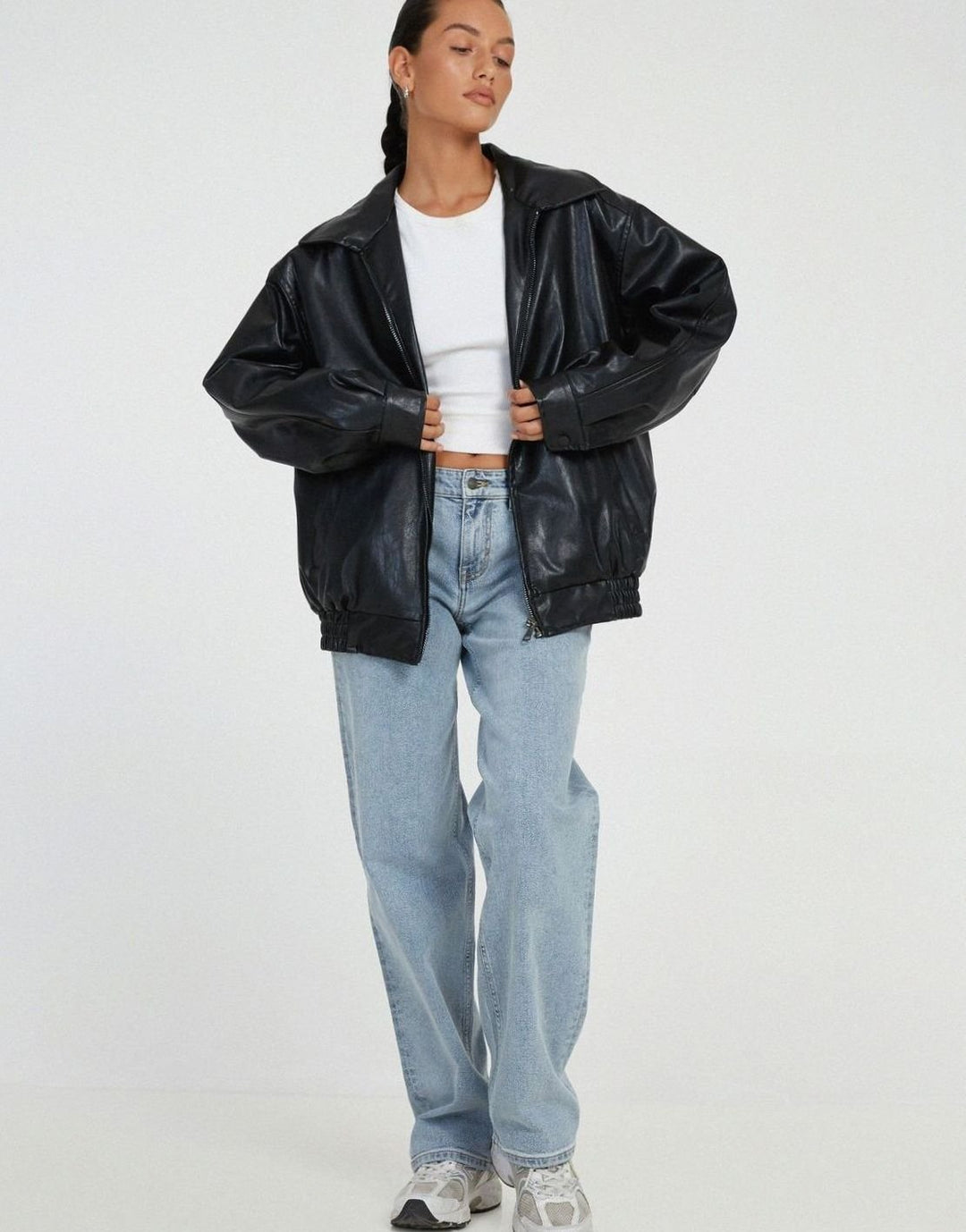 Women's Oversized Faux Leather Bomber Jacket Zip-Up - Black