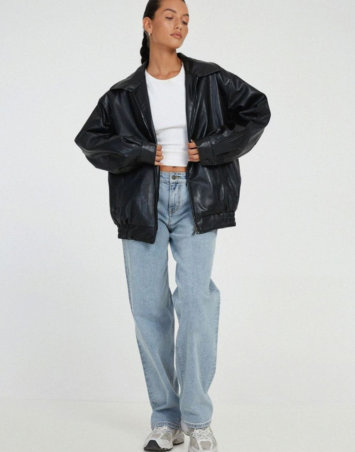 Women's Oversized Faux Leather Bomber Jacket Zip-Up - Black