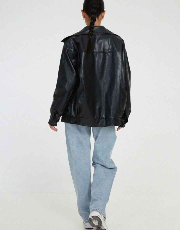 Women's Oversized Faux Leather Bomber Jacket Zip-Up