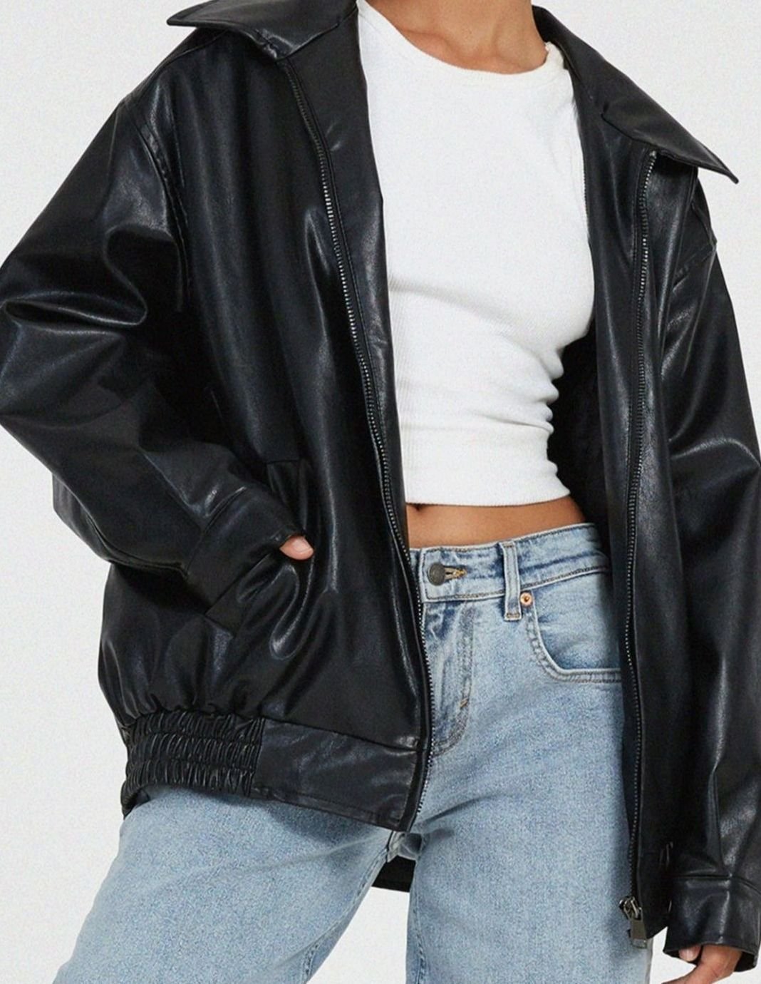 Women's Oversized Faux Leather Bomber Jacket Zip-Up