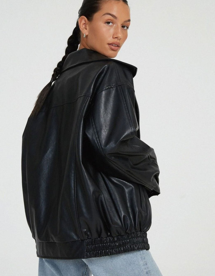 Women's Oversized Faux Leather Bomber Jacket Zip-Up