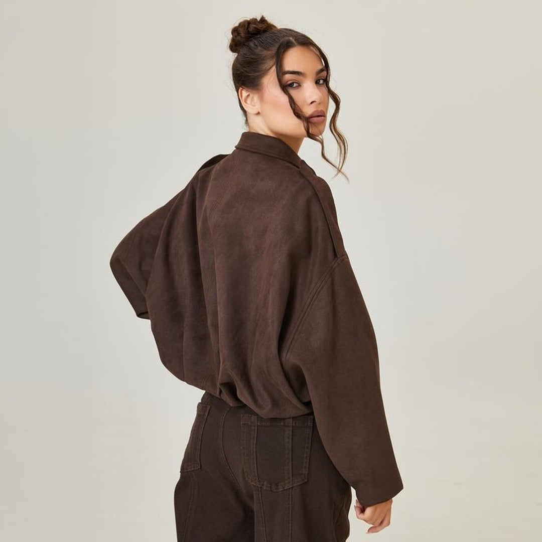 Women's Oversized Faux Suede Vintage Bomber Jacket