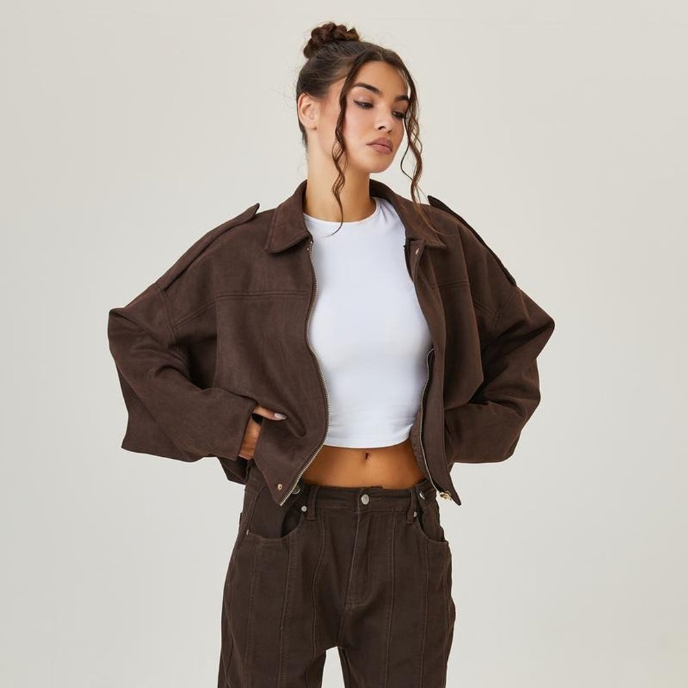 Women's Oversized Faux Suede Vintage Bomber Jacket - Brown