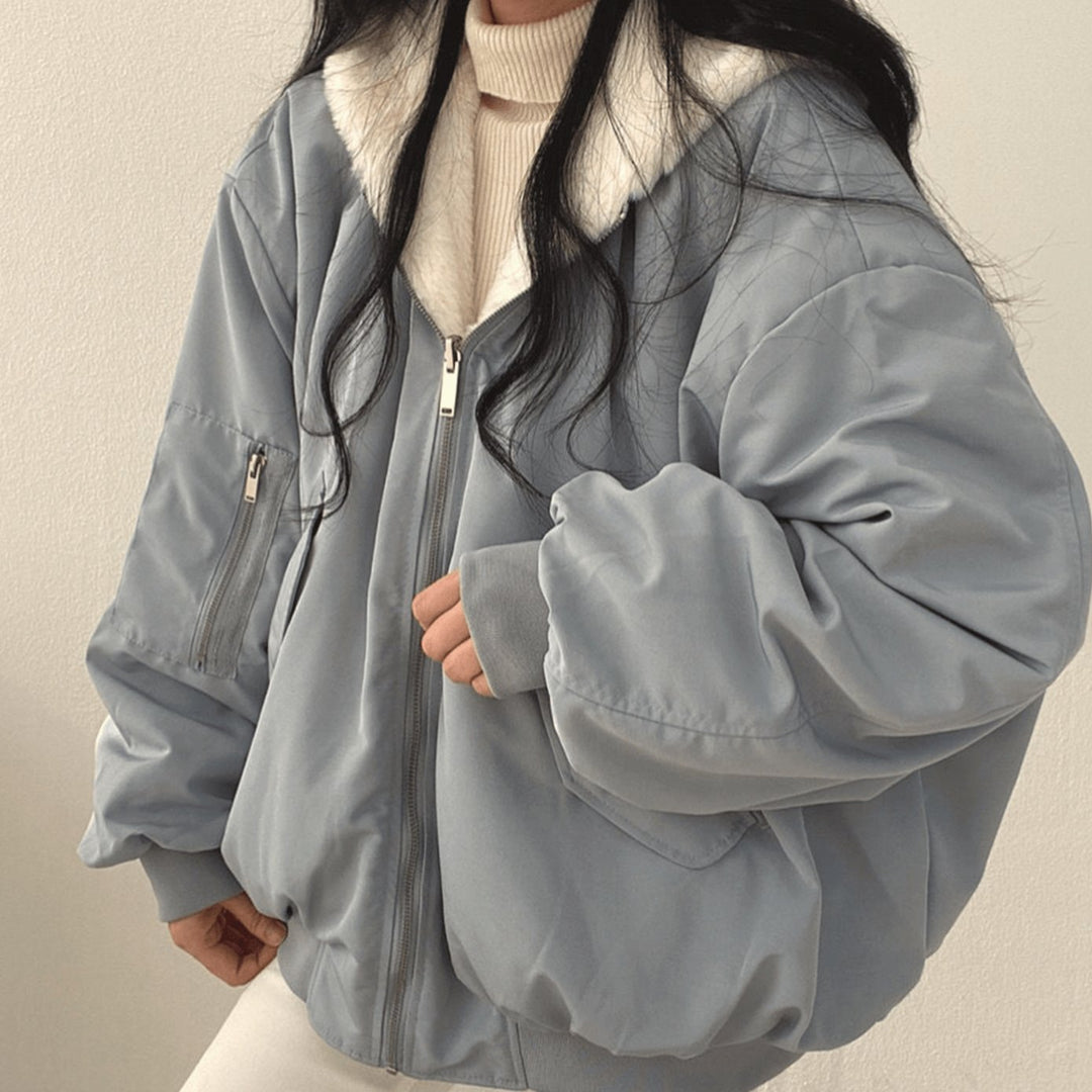 Women's Oversized Fleece-Lined Zip-Up Winter Jacket - Blue