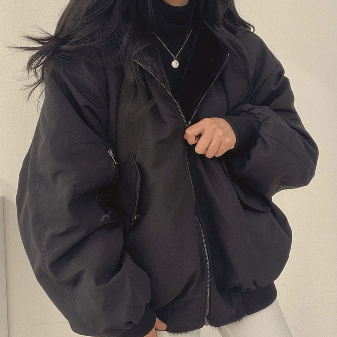 Women's Oversized Fleece-Lined Zip-Up Winter Jacket - Black