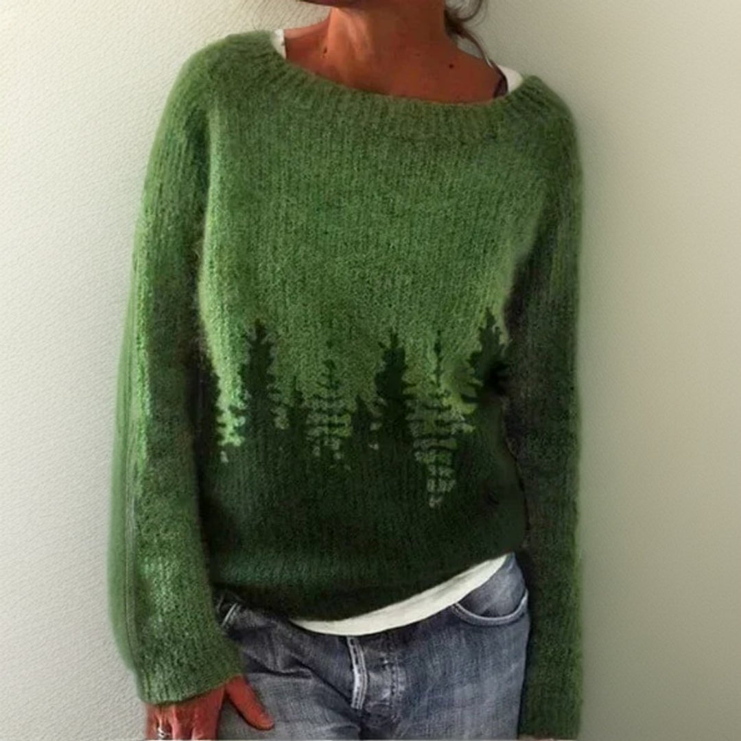 Women's Oversized Forest Print Long Sleeve Knit Sweater