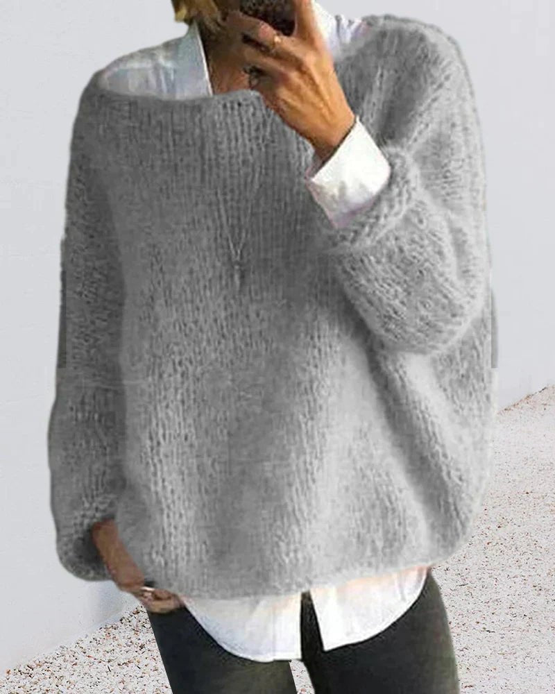 Women's Oversized Fuzzy Knit Pullover Sweater - Gray