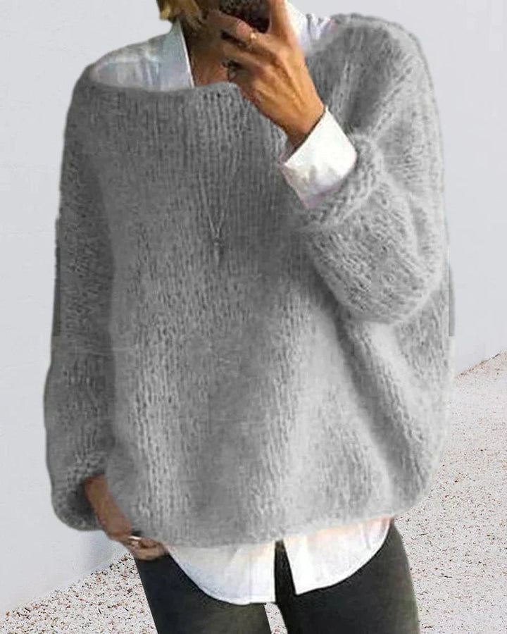 Women's Oversized Fuzzy Knit Pullover Sweater - Gray