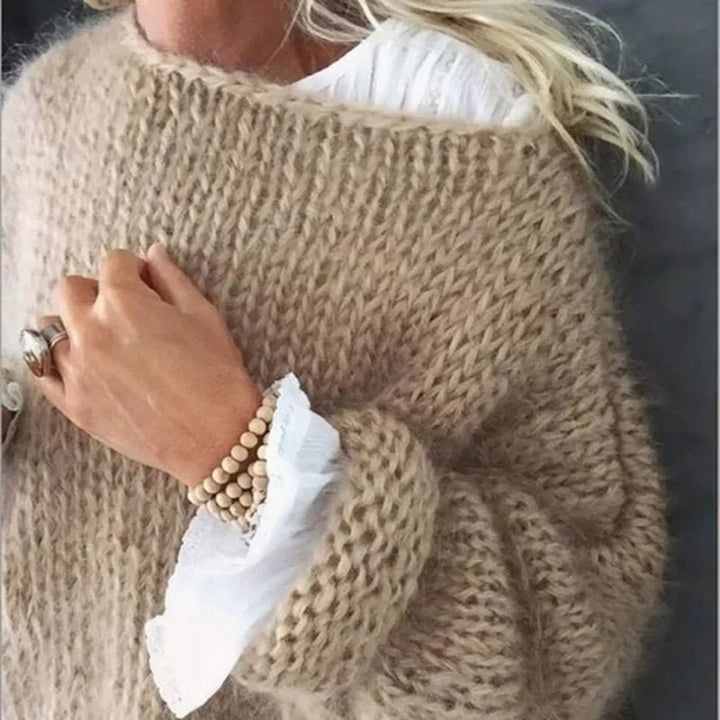 Women's Oversized Fuzzy Knit Pullover Sweater - Khaki