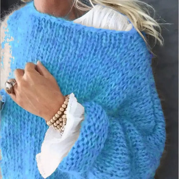 Women's Oversized Fuzzy Knit Pullover Sweater - Blue