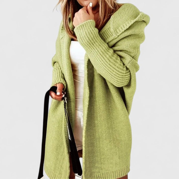 Women's Oversized Hooded Knit Cardigan Knee-Length Open Front - Green