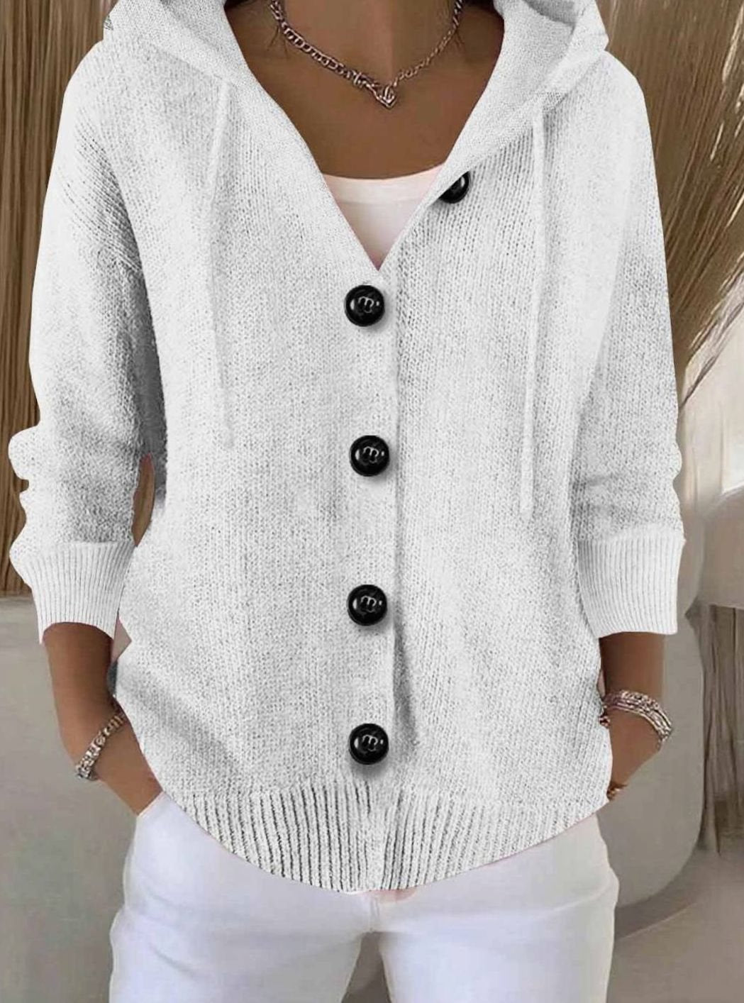 Women's Oversized Hooded Knit Cardigan Sweater Button-Front - White