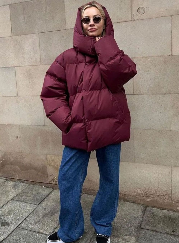 Women's Oversized Hooded Zip-Up Puffer Jacket - Dark Red