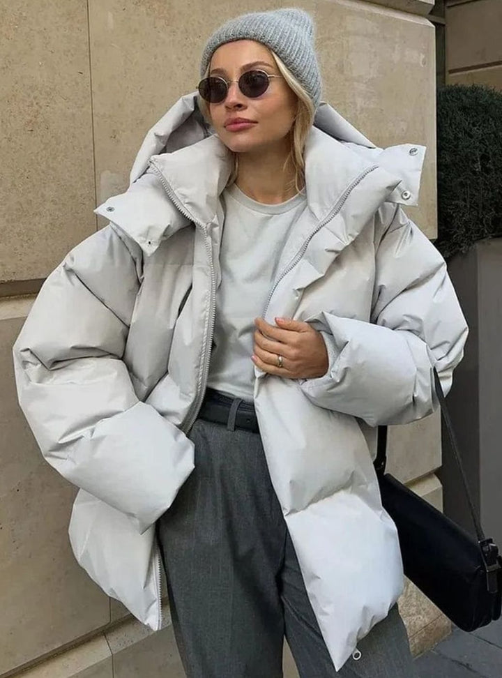 Women's Oversized Hooded Zip-Up Puffer Jacket - Light Grey