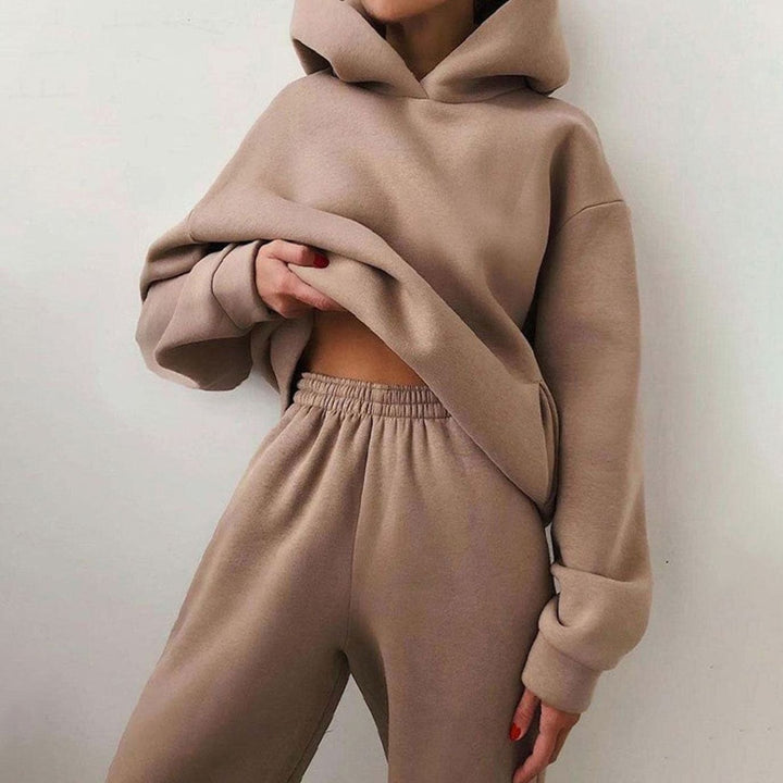Women's Oversized Hoodie High-Waist Jogger Two-Piece Set - Khaki