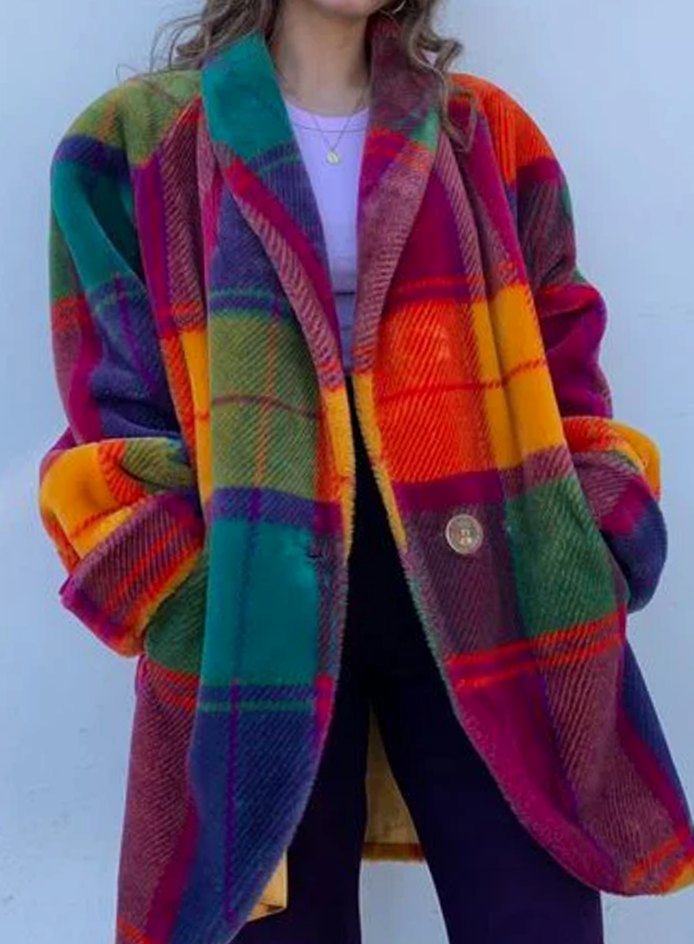 Women's Oversized Long Colorful Plaid Coat - Checkered