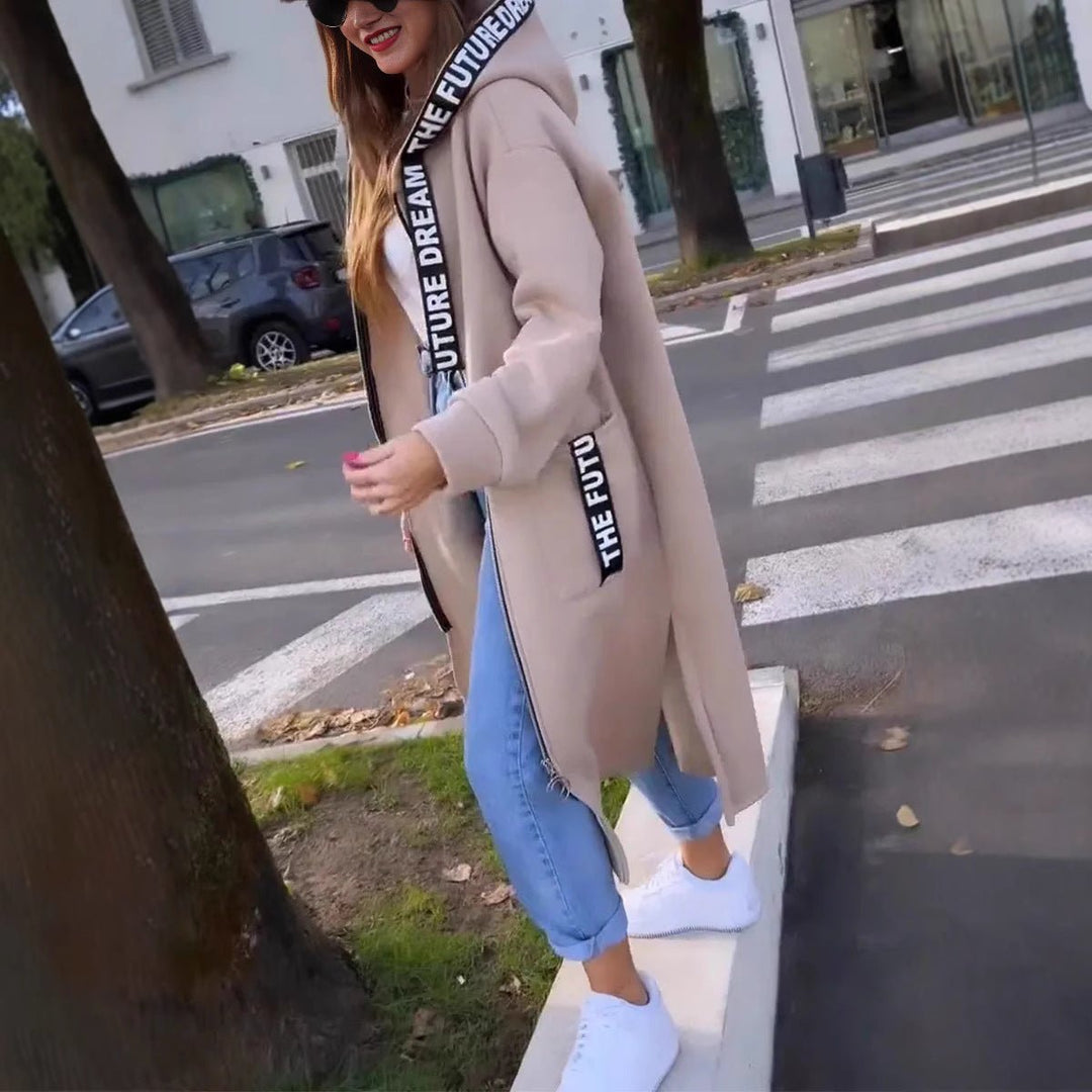 Women's Oversized Long Hooded Zip-Up Coat - Beige