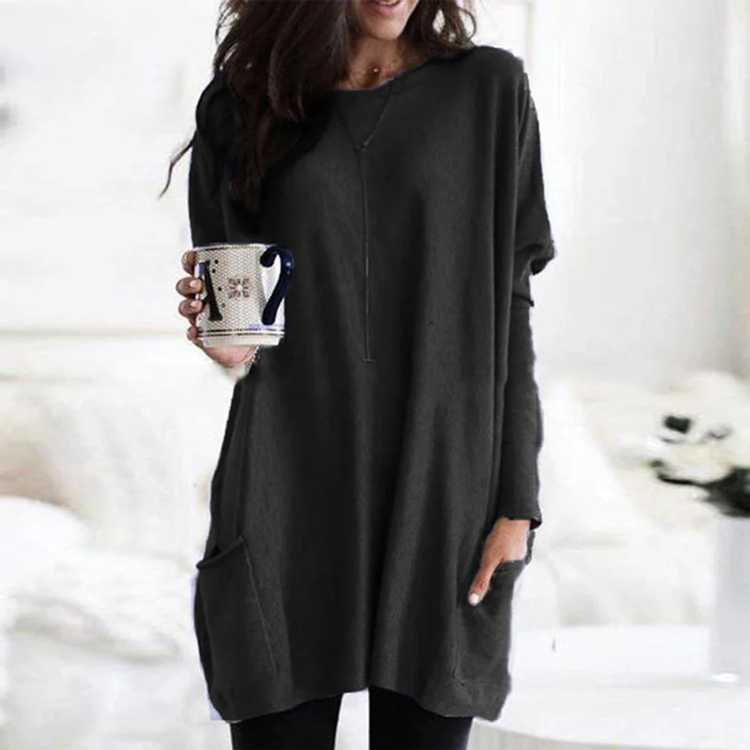 Women's Oversized Long-Sleeve Pocket Tunic Top - Schwarz