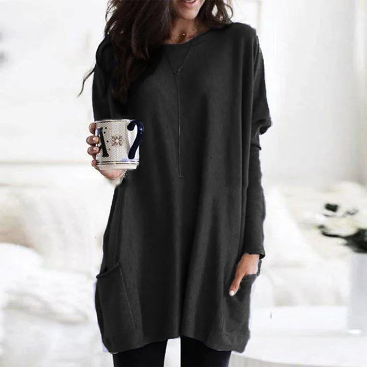 Women's Oversized Long-Sleeve Pocket Tunic Top - Schwarz