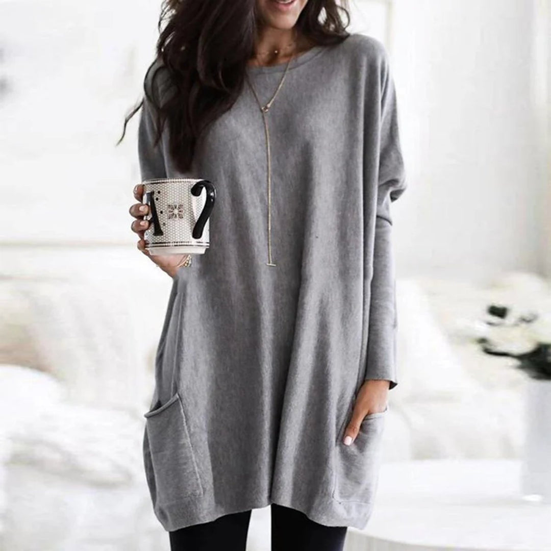 Women's Oversized Long-Sleeve Pocket Tunic Top - Grau