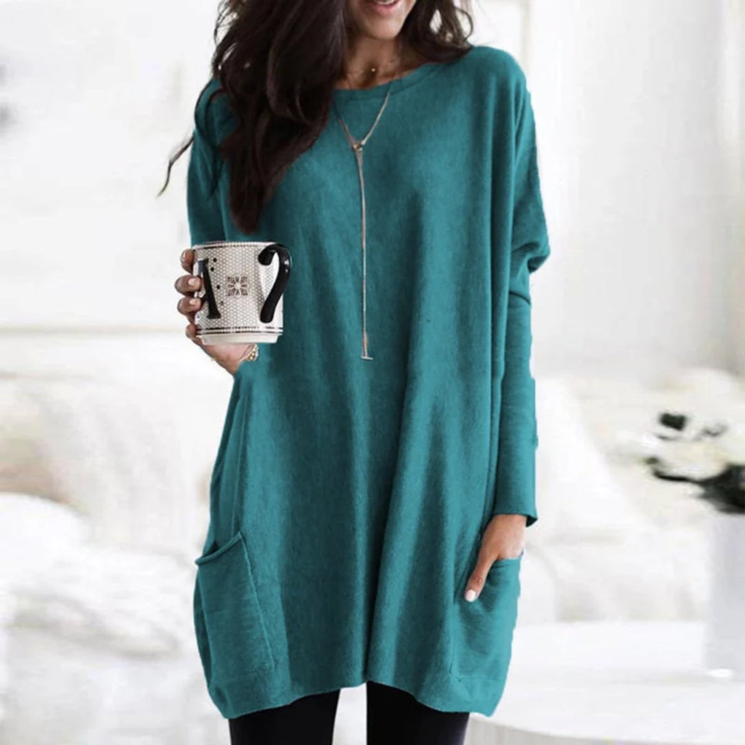 Women's Oversized Long-Sleeve Pocket Tunic Top - Türkis