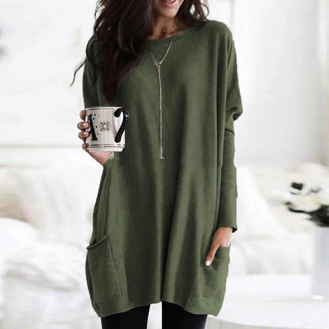 Women's Oversized Long-Sleeve Pocket Tunic Top - Olivgrün