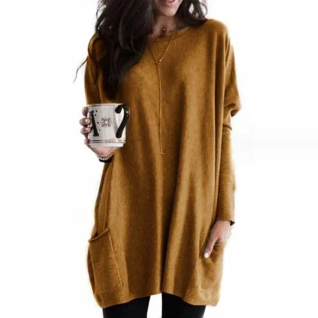 Women's Oversized Long-Sleeve Pocket Tunic Top - Braun