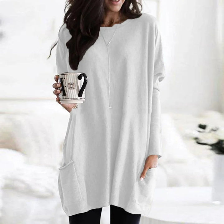 Women's Oversized Long-Sleeve Pocket Tunic Top - Weiß