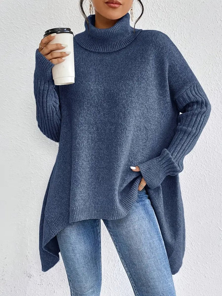 Women's Oversized Long Turtleneck Sweater Ribbed Cuff High Neck - Ocean Blue
