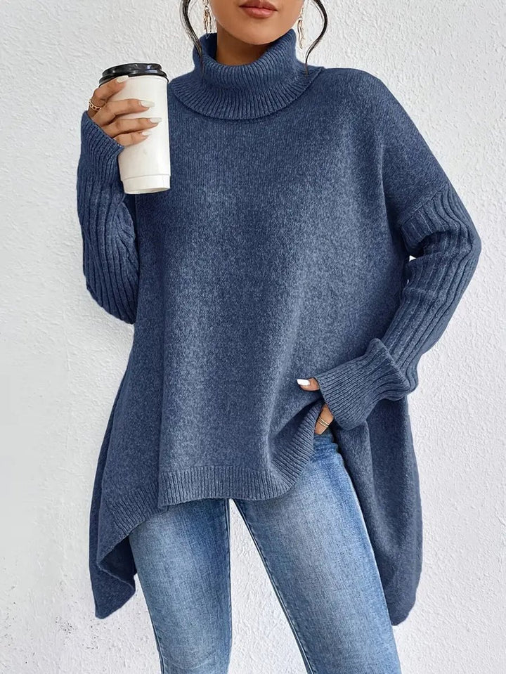 Women's Oversized Long Turtleneck Sweater Ribbed Cuff High Neck - Ocean Blue