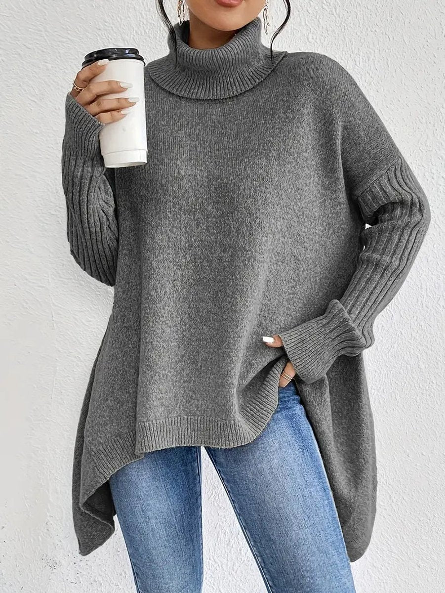 Women's Oversized Long Turtleneck Sweater Ribbed Cuff High Neck - Stone Gray