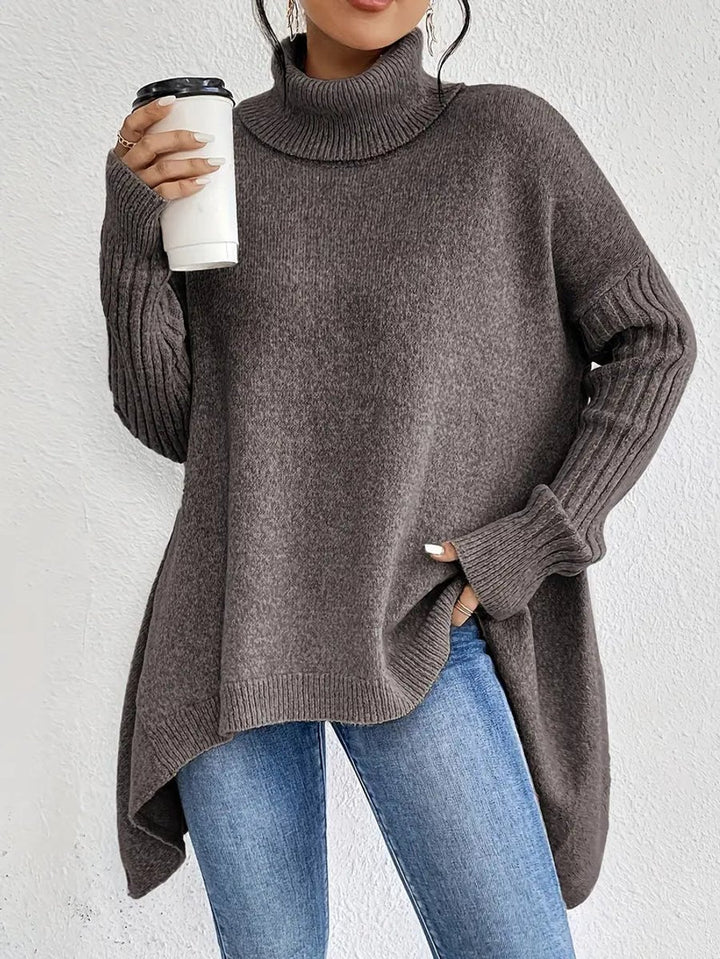 Women's Oversized Long Turtleneck Sweater Ribbed Cuff High Neck - Espresso Brown