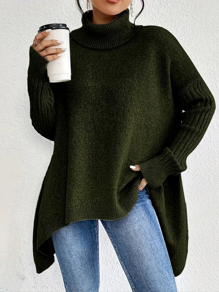Women's Oversized Long Turtleneck Sweater Ribbed Cuff High Neck - Pine Green