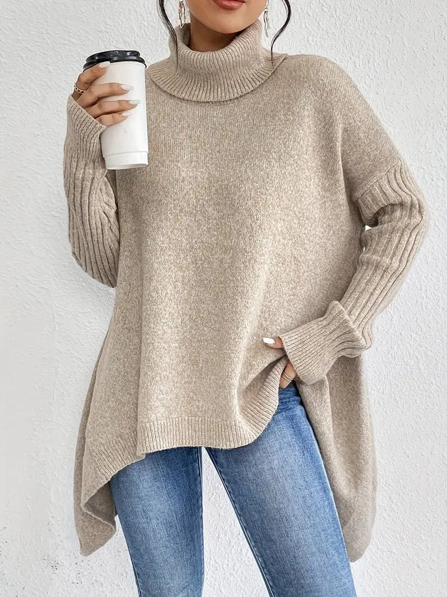 Women's Oversized Long Turtleneck Sweater Ribbed Cuff High Neck - Desert Khaki