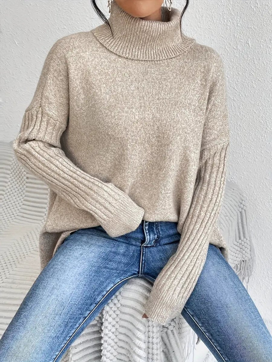 Women's Oversized Long Turtleneck Sweater Ribbed Cuff High Neck