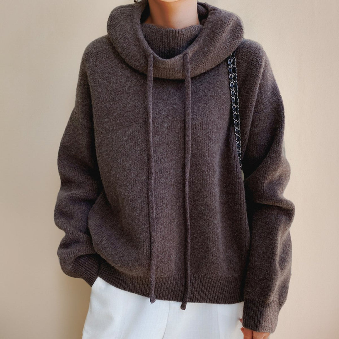Women's Oversized Merino Wool Hooded Turtleneck Sweater - Brown