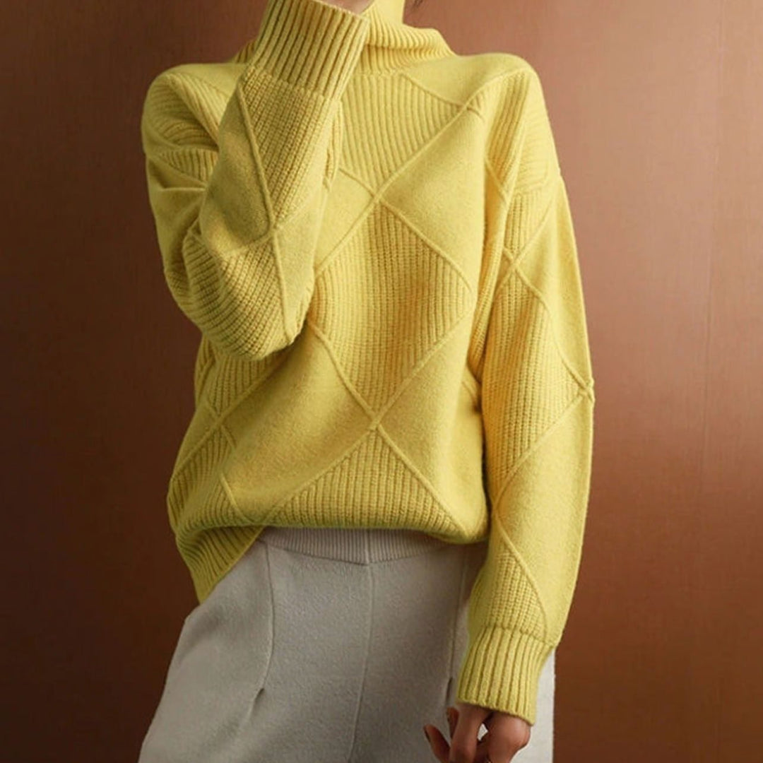 Women's Oversized Mock-Neck Diamond Knit Sweater - Yellow