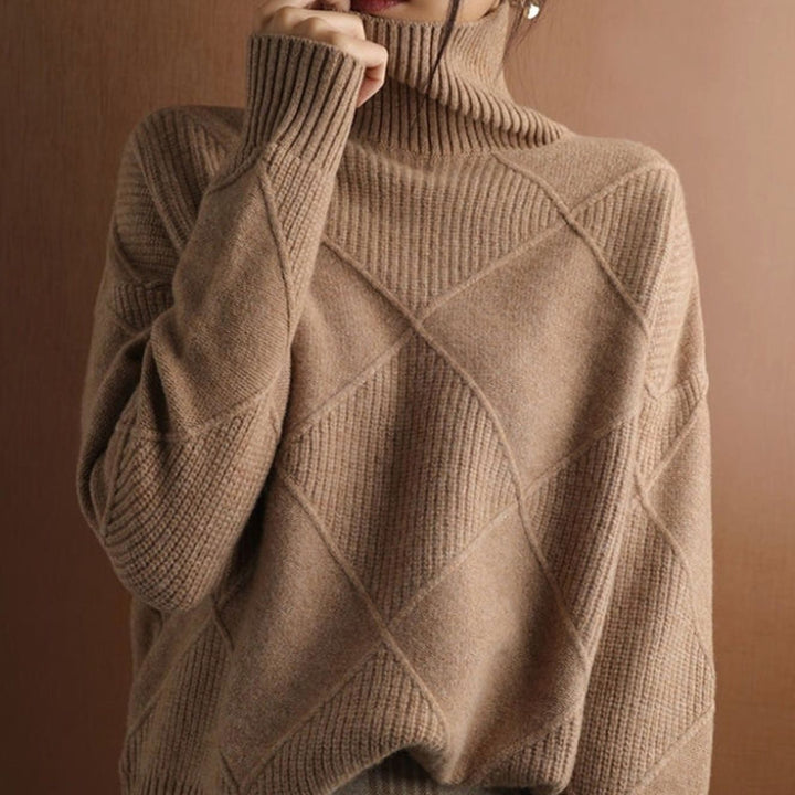 Women's Oversized Mock-Neck Diamond Knit Sweater - Brown