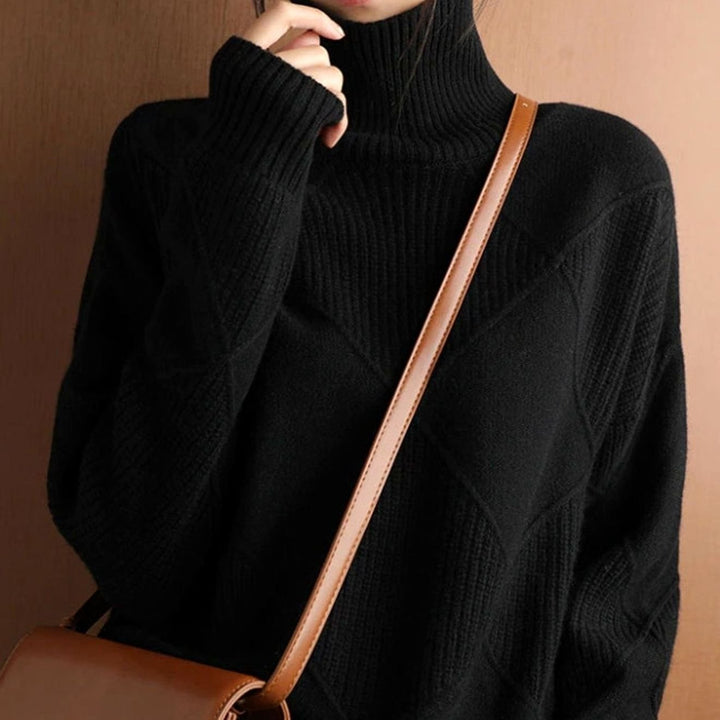 Women's Oversized Mock-Neck Diamond Knit Sweater - Black