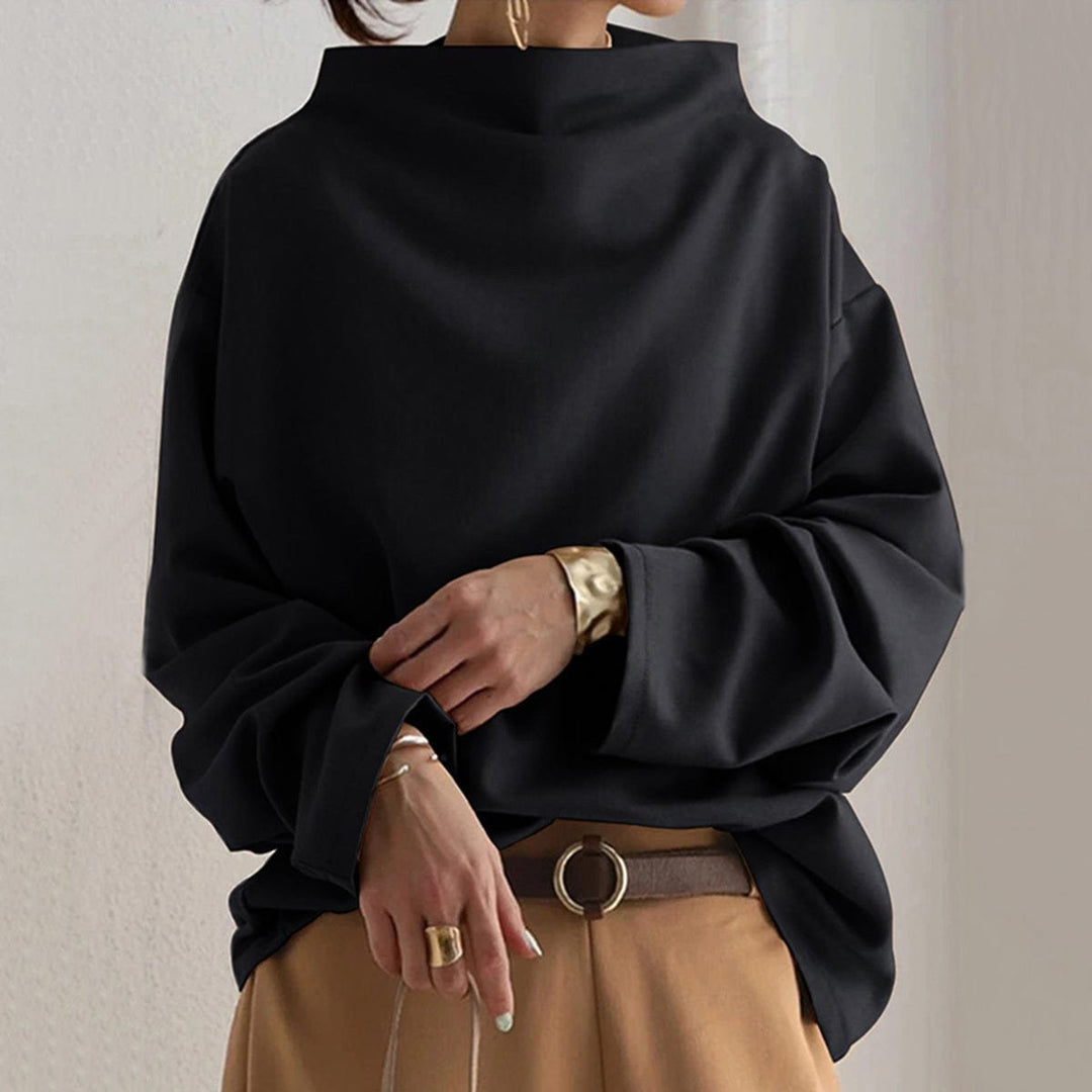 Women's Oversized Mock Neck Long Sleeve Knit Sweater Top - Black