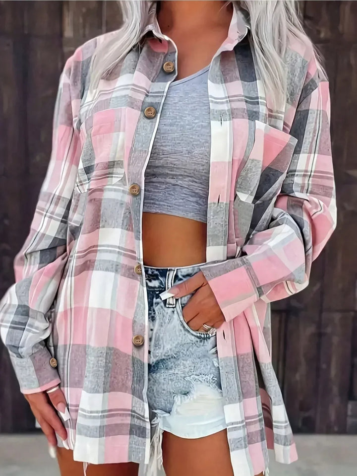 Women's Oversized Plaid Flannel Long Sleeve Button-Up Shirt - Pink