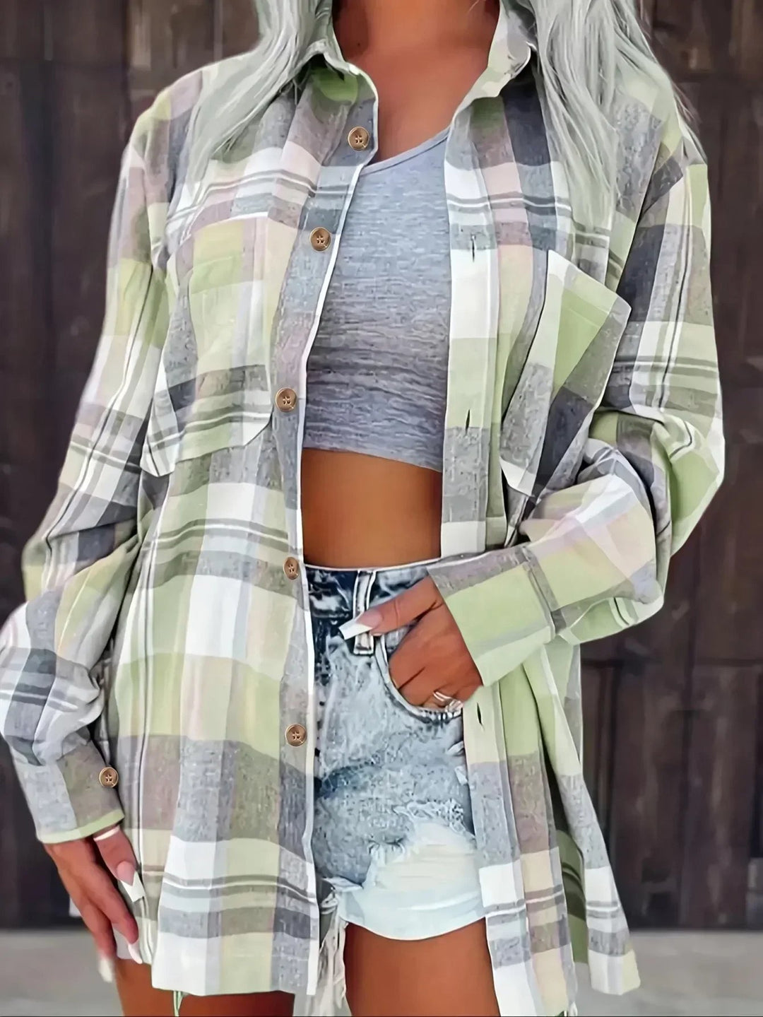 Women's Oversized Plaid Flannel Long Sleeve Button-Up Shirt - Green
