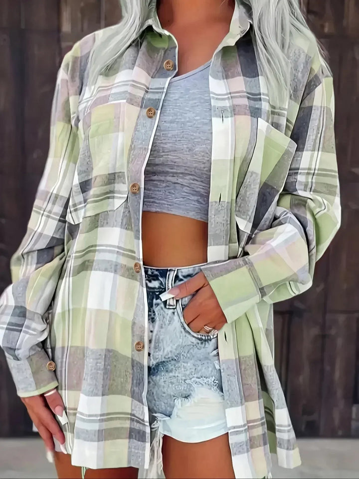 Women's Oversized Plaid Flannel Long Sleeve Button-Up Shirt - Green