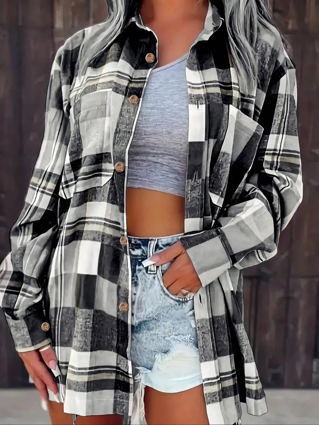 Women's Oversized Plaid Flannel Long Sleeve Button-Up Shirt - Black
