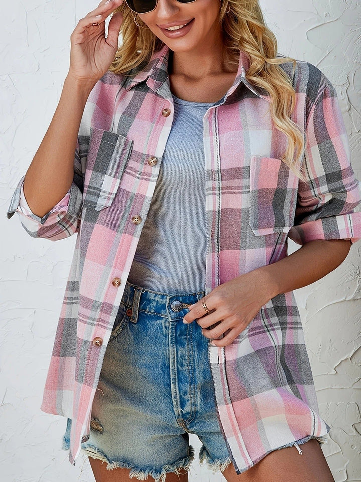 Women's Oversized Plaid Flannel Long Sleeve Button-Up Shirt