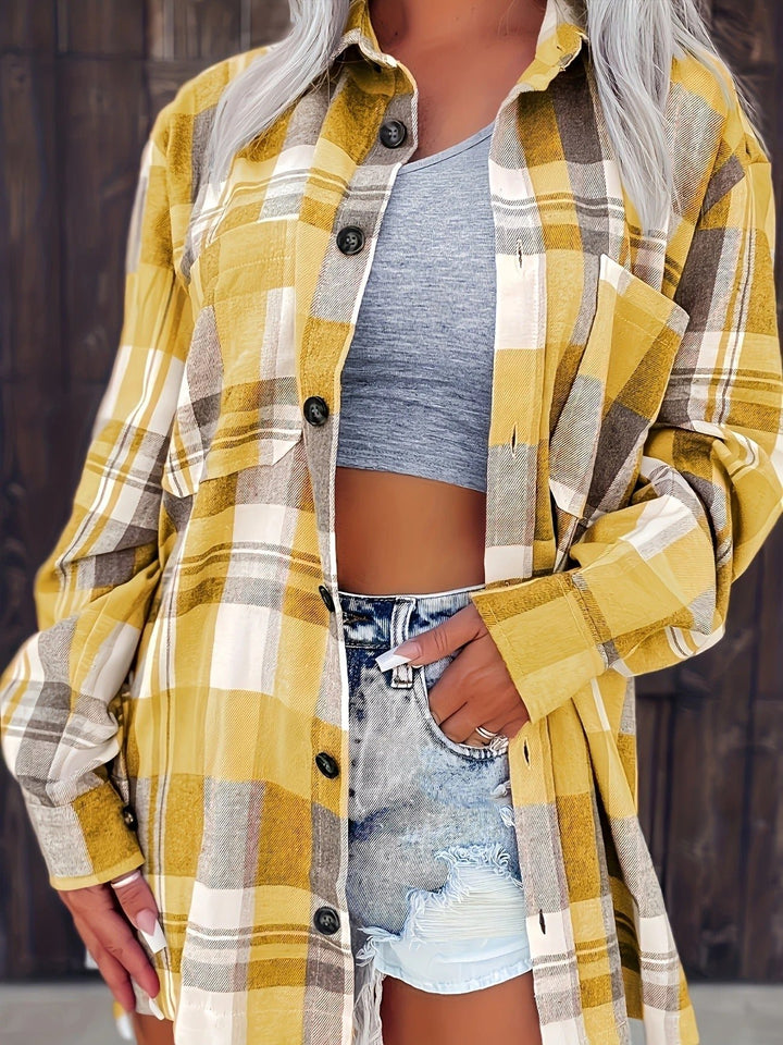 Women's Oversized Plaid Flannel Long Sleeve Button-Up Shirt - Yellow