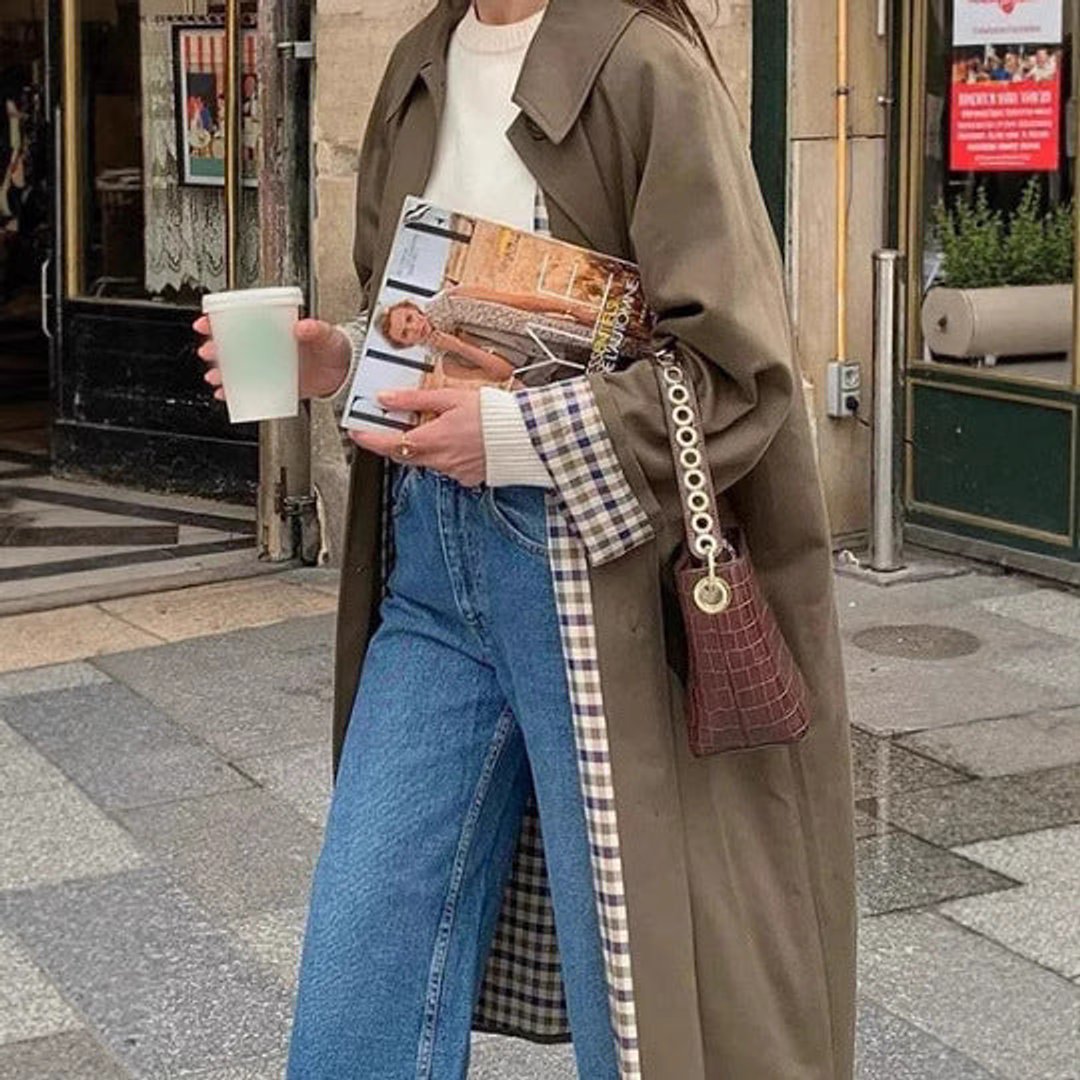 Women's Oversized Plaid-Lined Long Trench Coat