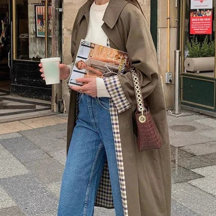 Women's Oversized Plaid-Lined Long Trench Coat
